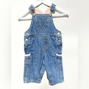 Denim Overalls With Pink Ruffle Trim and Pink Design on Denim 6-Months